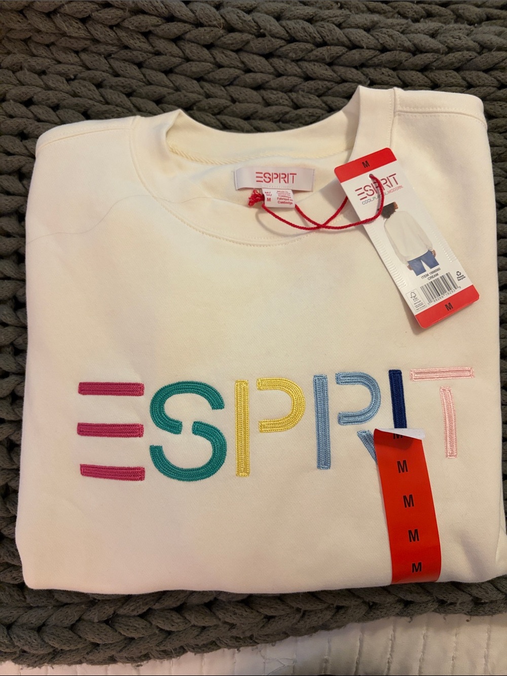 NWT: Esprit Cream Sweatshirt with Multicolor Embroidered Logo. Medium